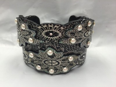 Debbie Brooks Wide Cuff Bracelet Lace Pearls Black White Swarovski Crystals New