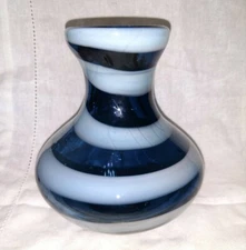 Blue & White Swirl Hand Blown Vase Art Glass