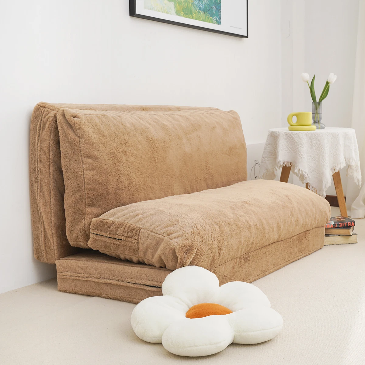 N&V Folding Matress Sofa Foam Filling Folding Matress Sofa Includes Removable and Machine Washable Cover Soft Faux Fur White