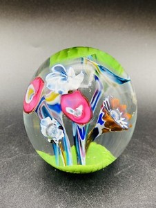 Millefiori Multicolored Glass Trumpet Flower Paperweight Beautiful