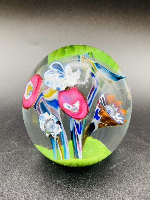 Millefiori Multicolored Glass Trumpet Flower Paperweight Beautiful