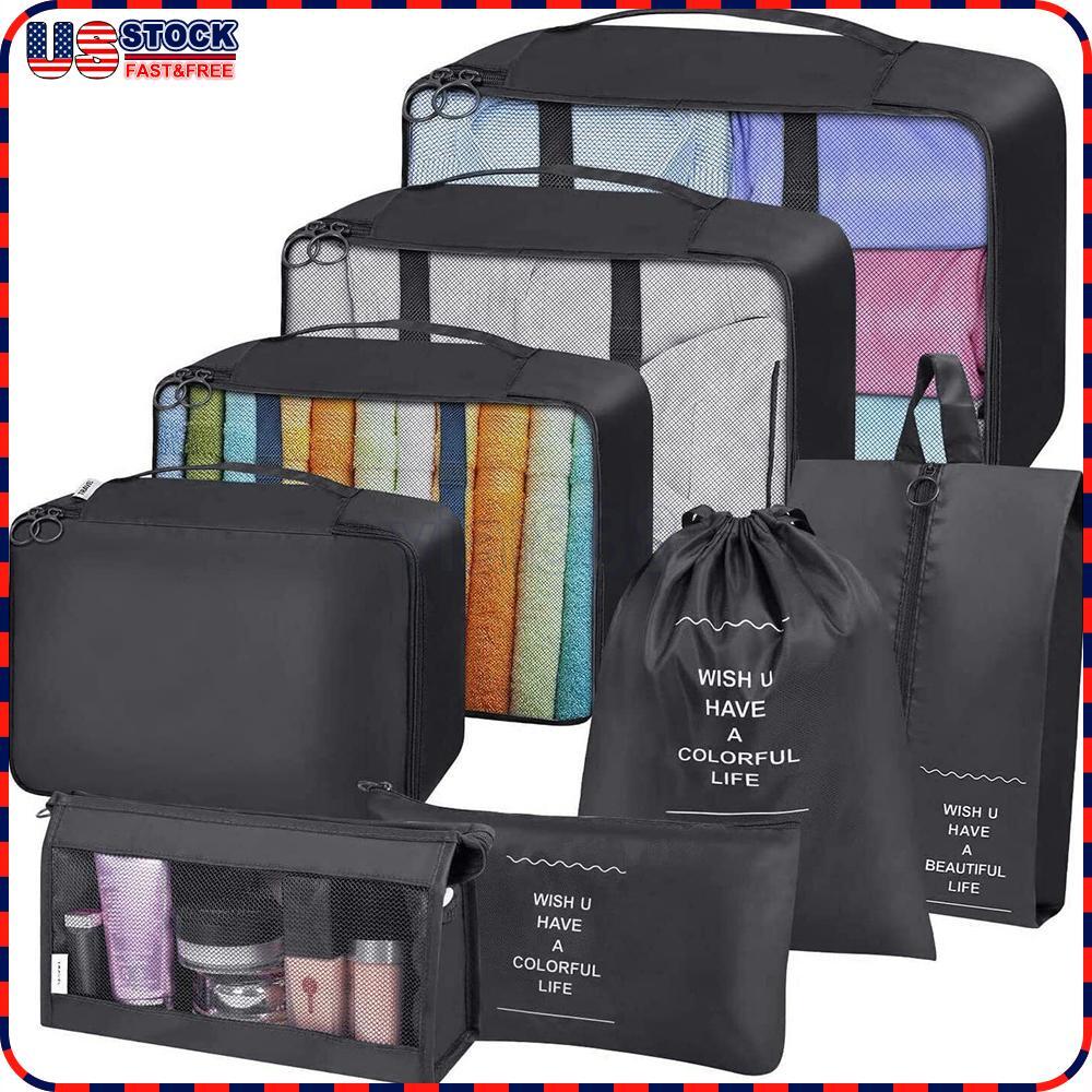 8x Packing Cubes Luggage Storage Organiser Travel Compression Suitcase Bag Black-image