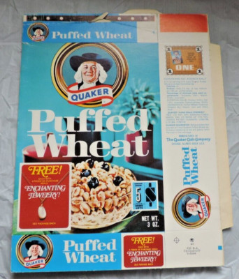 Quaker Puffed Wheat File Flat Cereal Box 3 oz Free Enchanting Jewelry ...