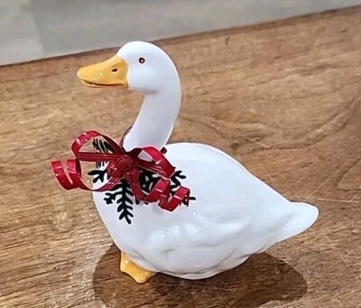 Christmas Goose Figurine 80's Red Bow & Holly Collectible Porcelain 4''