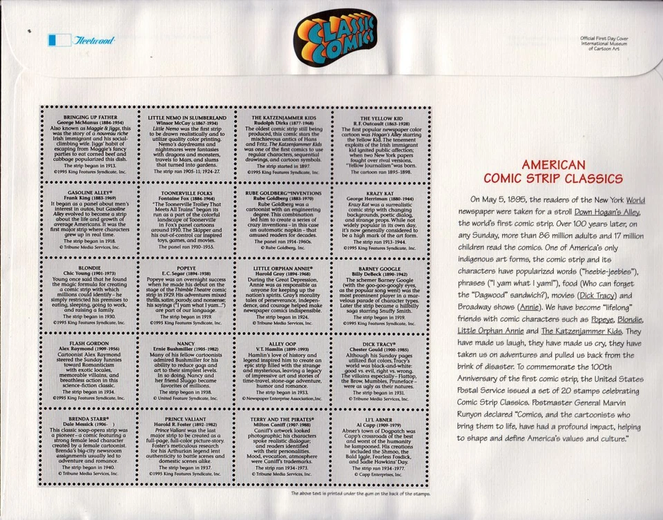 1995 COMIC STRIP CLASSICS full sheet of 20 Sc 3000a-t FDC jumbo Fleetwood cachet - Image 3 of 3