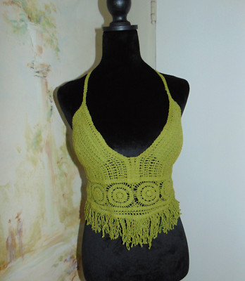 Sans Souci Crochet Olive Green Halter Padded Knit Cropped Fringe Sexy Festival L