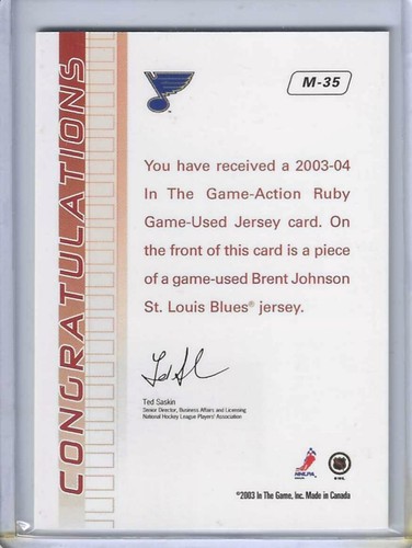 Brent Johnson 2003-04 ITG Action Game Used Ruby Jersey St. Louis Blues - Picture 2 of 2
