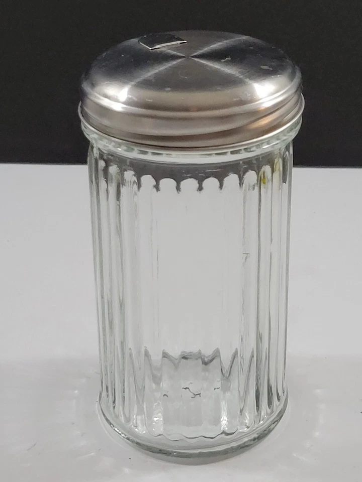 Agitador de azúcar de vidrio acanalado transparente Anchor Hocking tapa de acero inoxidable Foto 3 de 4