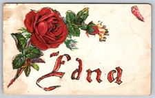 Edna 1910s Divided Back Rose Sparkles Antique Embossed Vintage Postcard