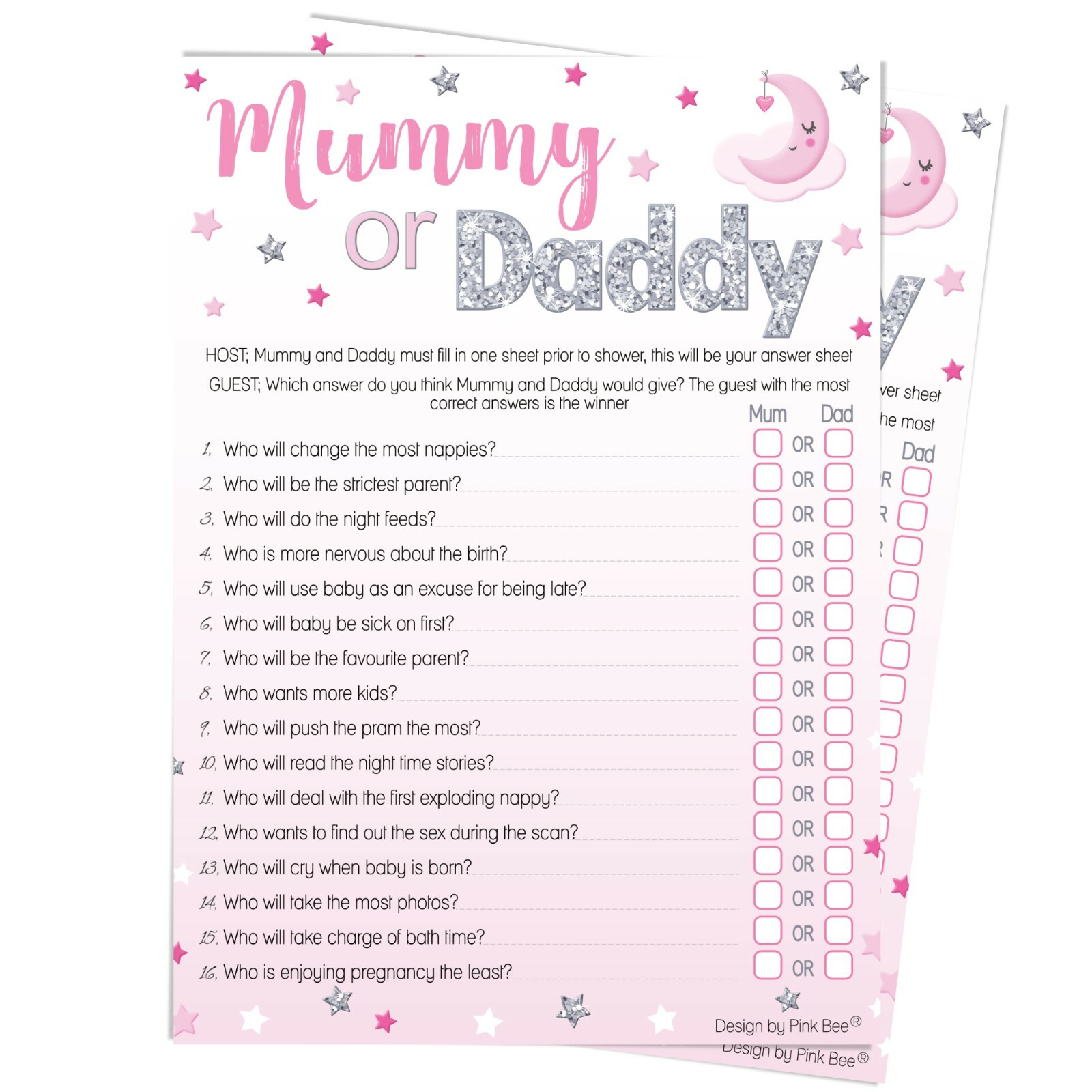 MOON AND STARS PINK - Baby Shower Games x10, Girl, Bingo, Mum, Dad, Advice, quiz