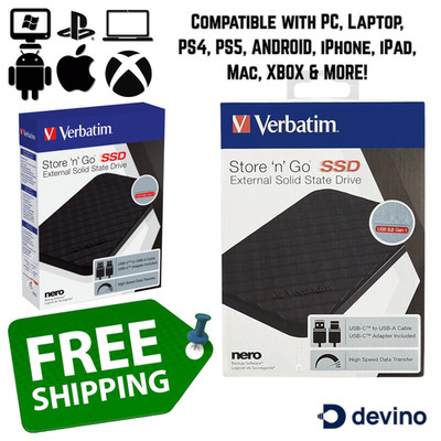 Verbatim SSD Portable External Drive USB-C Adapter Included PC Mac iOS XBox PS4