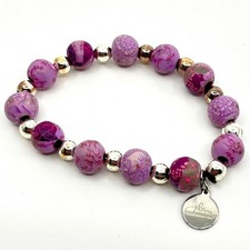VTG Jilzara Y2K Purple Floral Polymer Clay Bead Stretch Bracelet Silver Accents