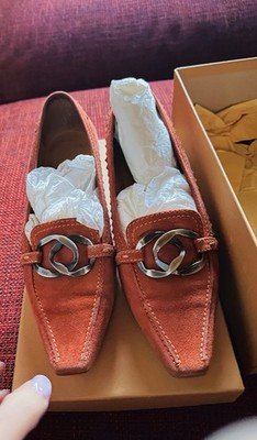 TOD S Kitten Heel Loafer Women s Orange Suede Leather Pointed Toe Gr37