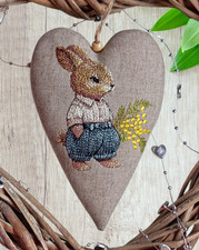 Embroidered Linen Heart, Bunny Rabbit Boy Mimosa Flower Easter Gift