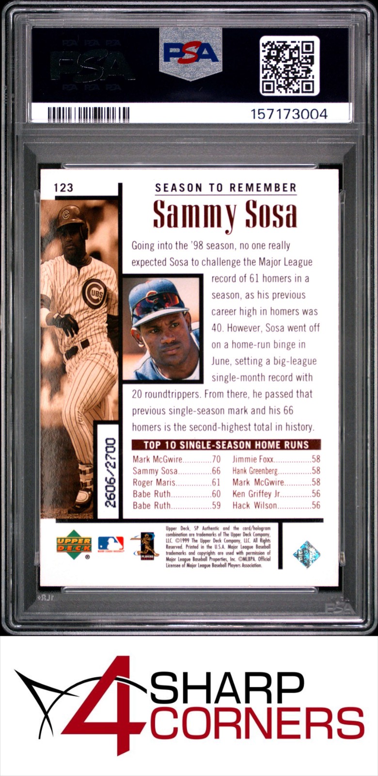 1999 SP AUTHENTIC #123 SAMMY SOSA CUBS #/2700 POP 2 PSA 10 view 2