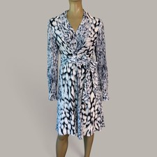 Elie Tahari Saxon Printed Shirt Dress Womens 4 Long Sleeve Tie Waist Navy White