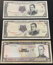 EL SALVADOR THREE NOTES ALL 10 COLONES 1983, 88, 1996 DIFFERENT SERIES AND DATES