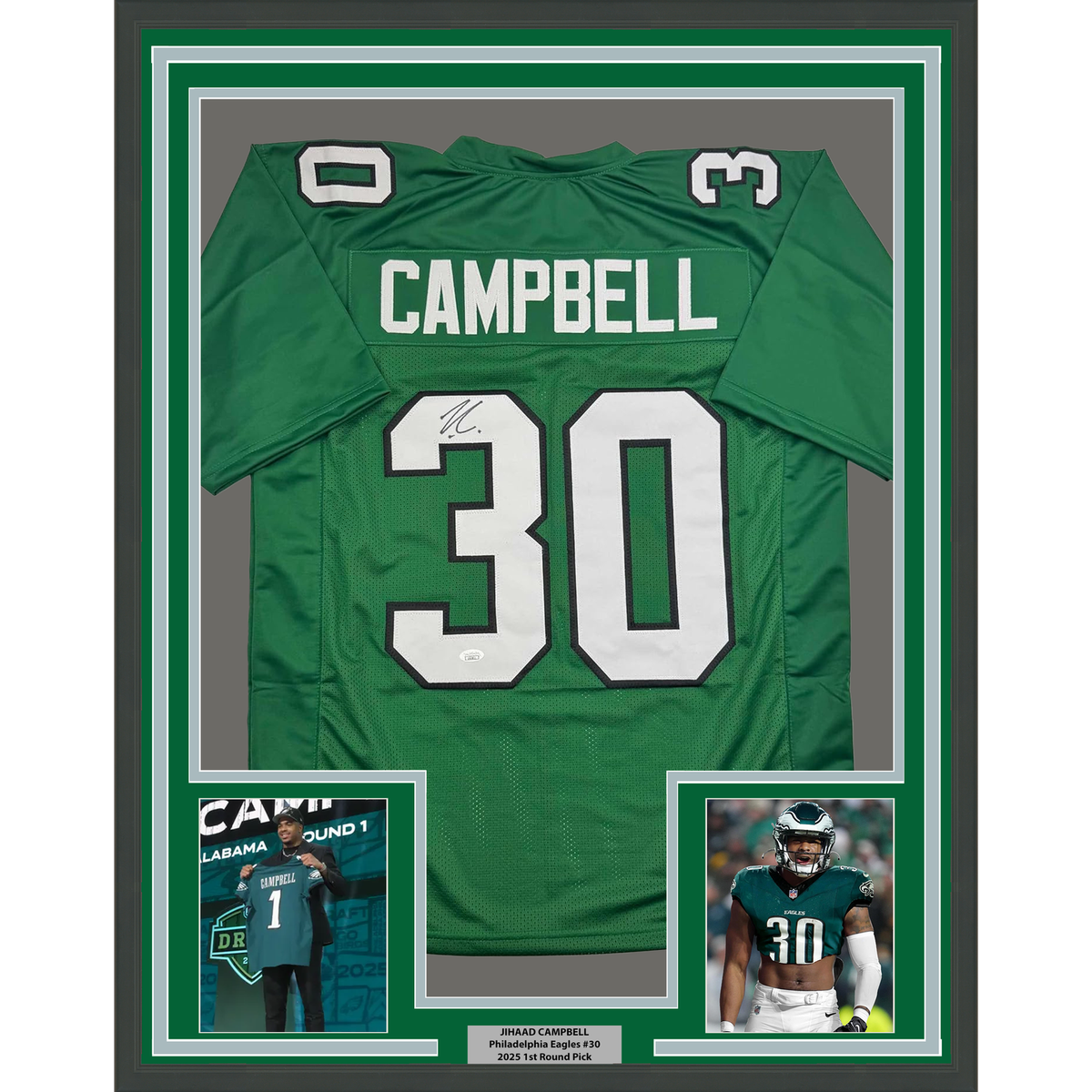 Framed Autographed/Signed Jihaad Campbell 35x39 Kelly Green Jersey