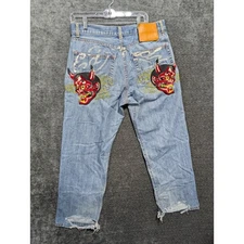 Ed Hardy Mens Jeans Denim Red Devil Embroidered Distressed Size 36