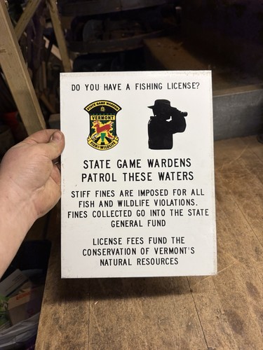 Vintage VT Vermont Fish & Wildlife State Game Warden Hunting Fishing Tin Sign