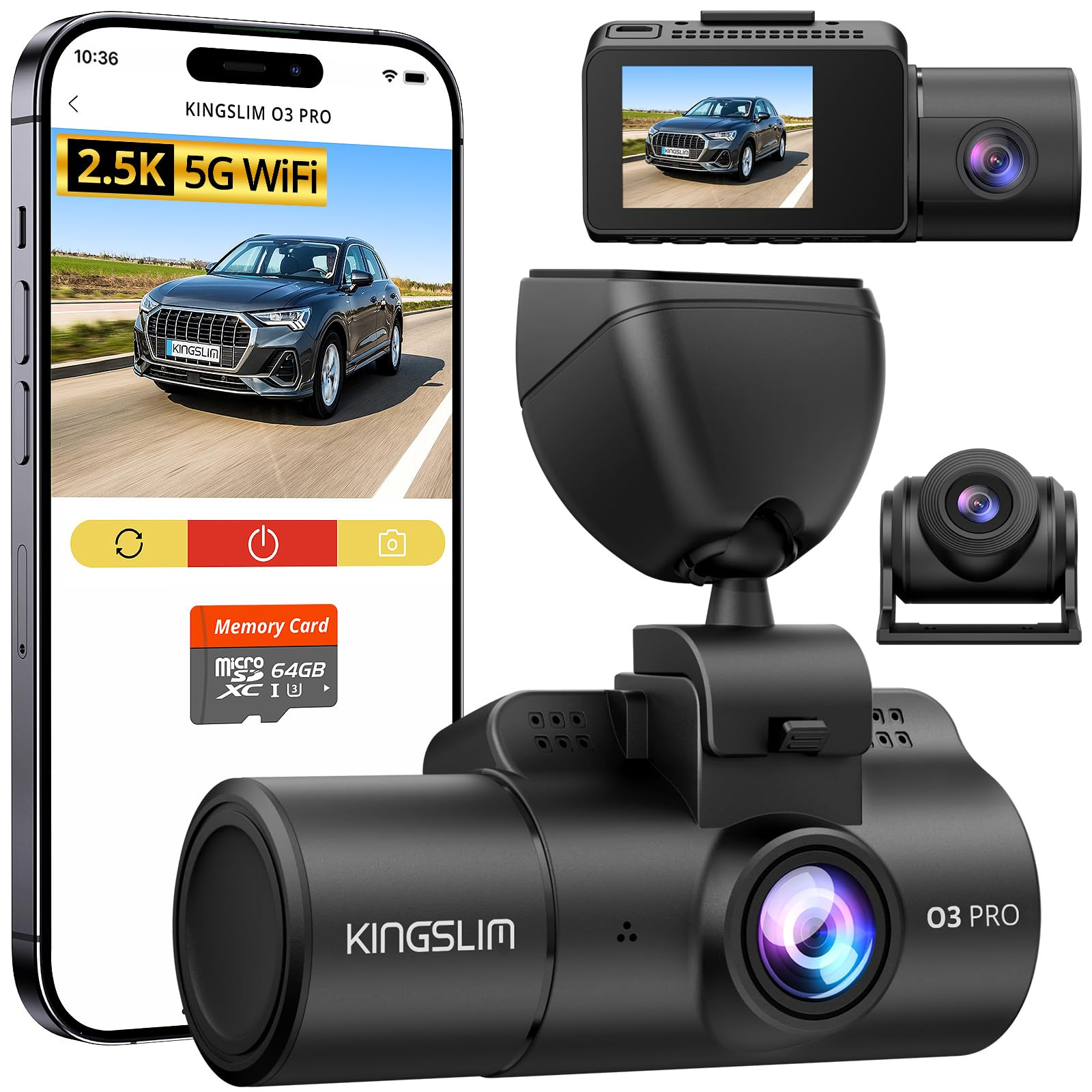3-Channel 5G WiFi Dash Cam with 64GB Card, 2.5K Front Rear Interior Camera