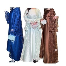 2PCS Muslim Women Abaya Dress Set Flare Sleeve Lace Sequin Caftan Dress Cadigan