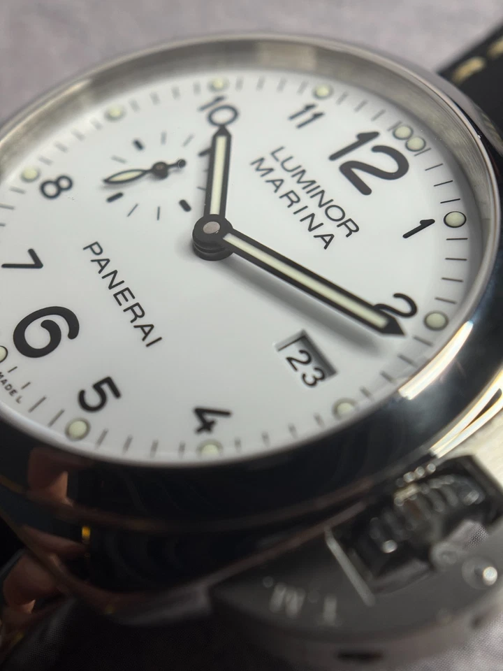 Juego completo de correa de cuero negra esfera blanca rara Panerai Luminor Marina Foto 3 de 4