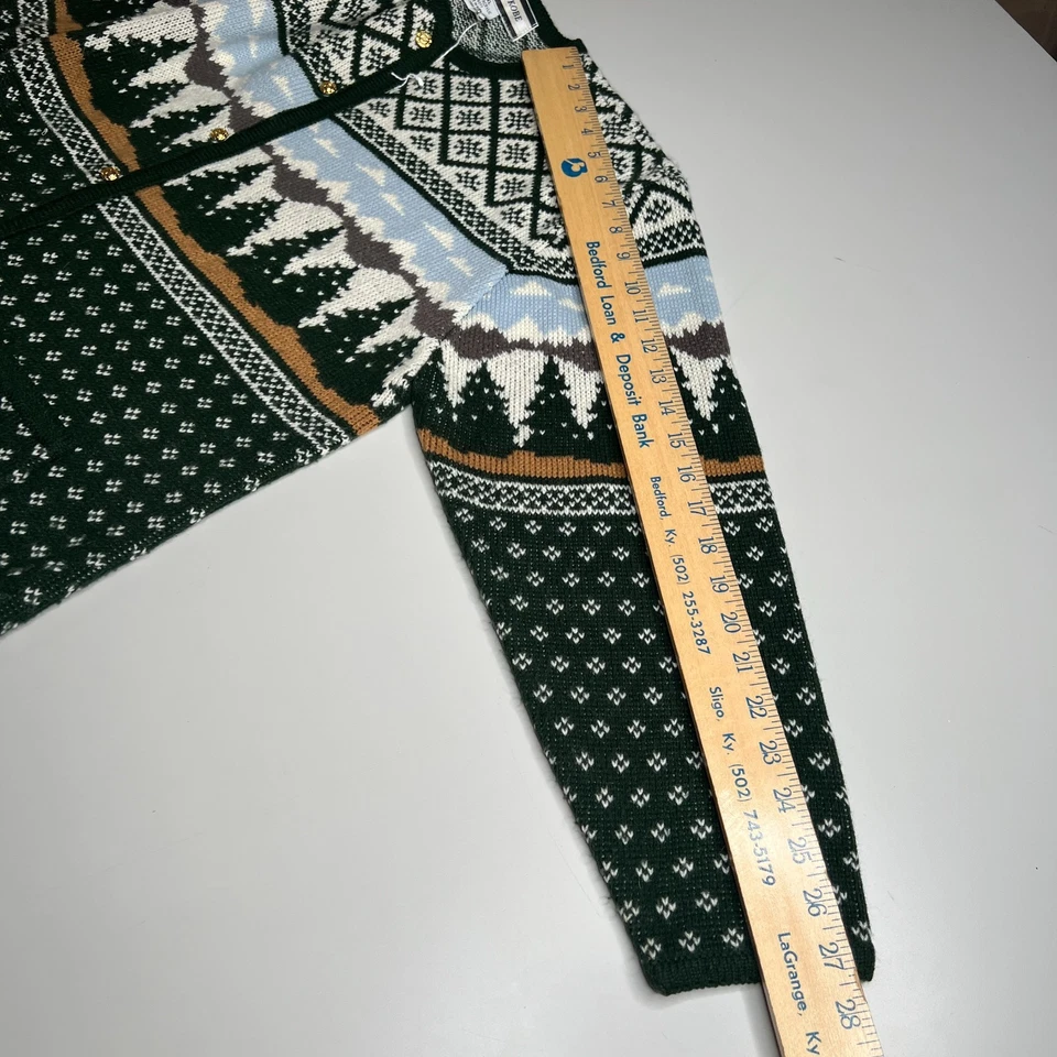Cárdigan Suéter Vintage Cristal Kobe XL Verde Blanco Tejido Árboles Montañas Feria Foto 2 de 4