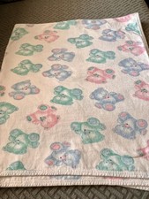 Carters White Blue Green Pink Teddy Bear Baby Blanket Cotton Pastel Vintage 90's