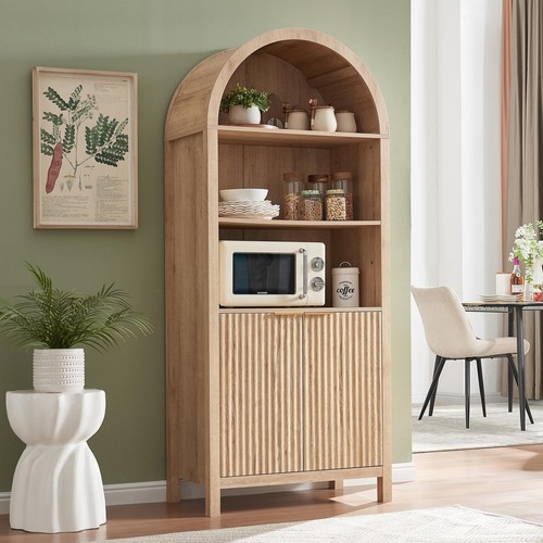 Arched Cabinet Bookshelf Bookcase - 71” Tall Mid Century Arched Display Cabin...