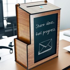Wooden suggestion box with lock and blackboard for voting, suggestions, and p...