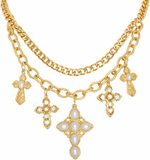 Layered Gold Cross Pendant Necklace for Women, Double Chain Pearl and Rhinestone