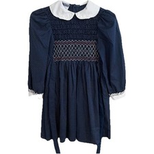 VTG Polly Flinders Smocked Prairie Dress Girls 10 Blue Polka Dot Puffed Sleeves