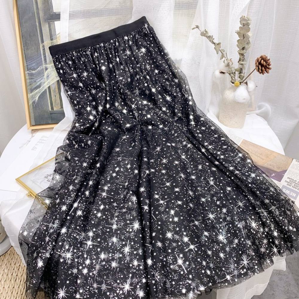 Women Mesh Star Skirts Shiny Midi Tulle Retro Fairy Casual Glitter High  Waist
