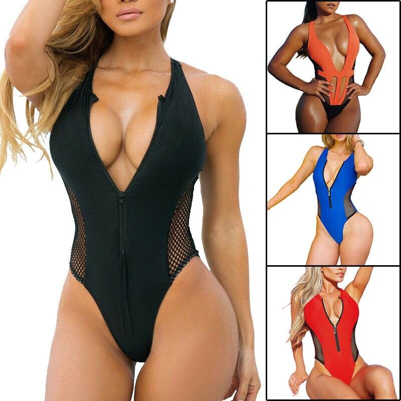 Women's Sexy Splicing Mesh One Piece Swimsuit Monokini Zipper Front Bathing  Suit