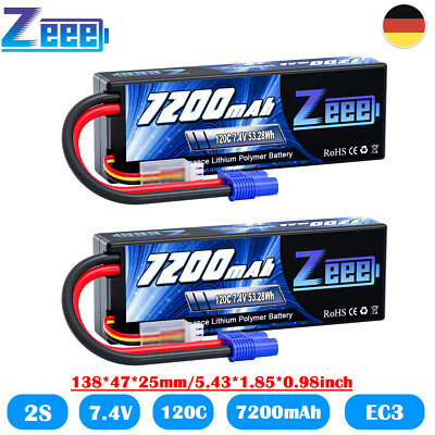 2x Zeee 2S Lipo Akku 7.4V 7200mAh 120C EC3 HardCase Batterie für RC Auto Tank