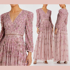 NWT Mac Duggal 20 5497 Embellished V Neck 3/4 Sleeve A Line Gown Rose J1140