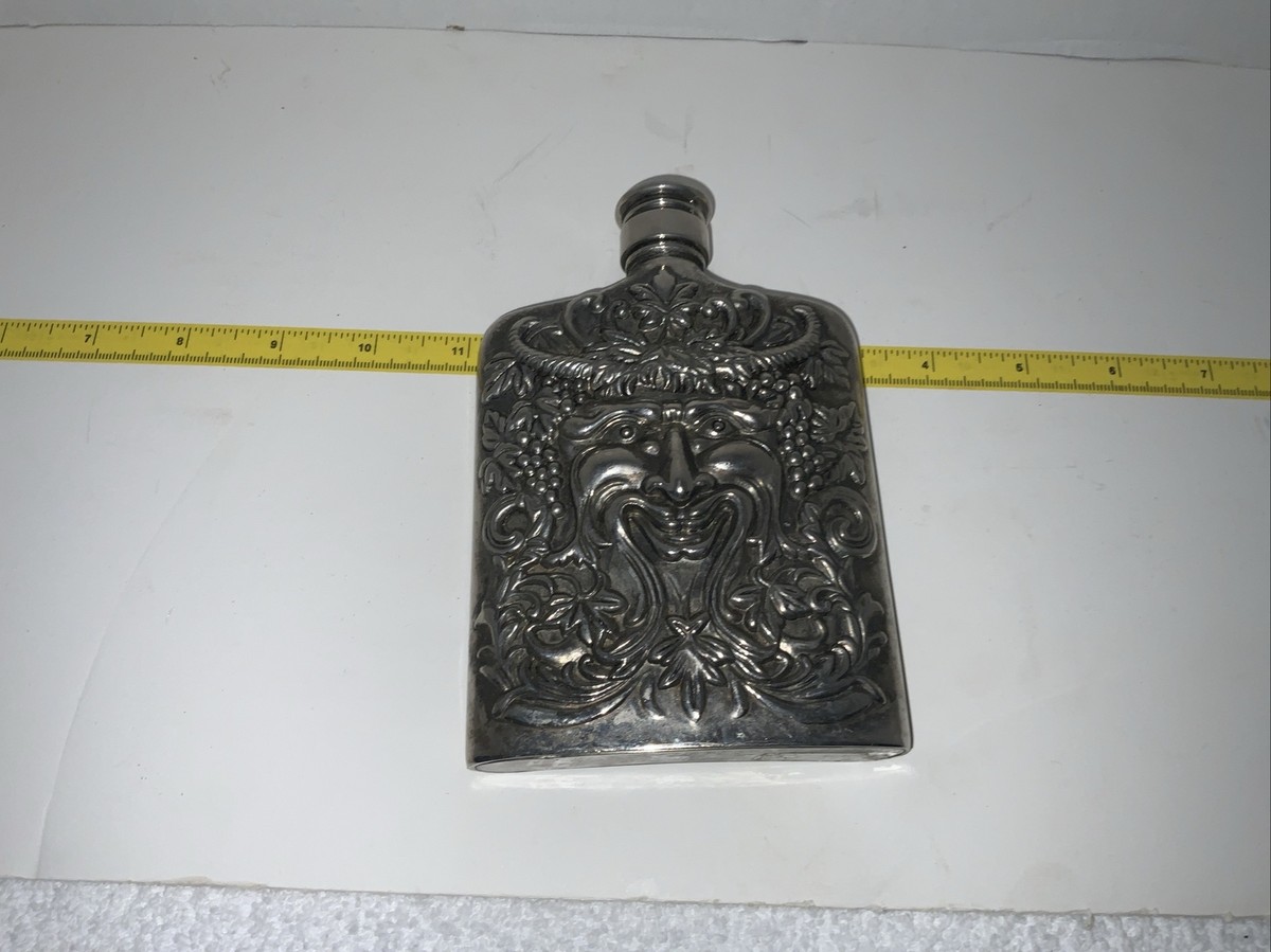 Godinger Silverplated Bacchus Ornate Whisky Flask “GREAT PATINA