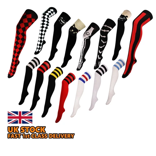 Over The Knee  High Long Socks Skulls Skeleton Bats Lips Cheerleader Polka
