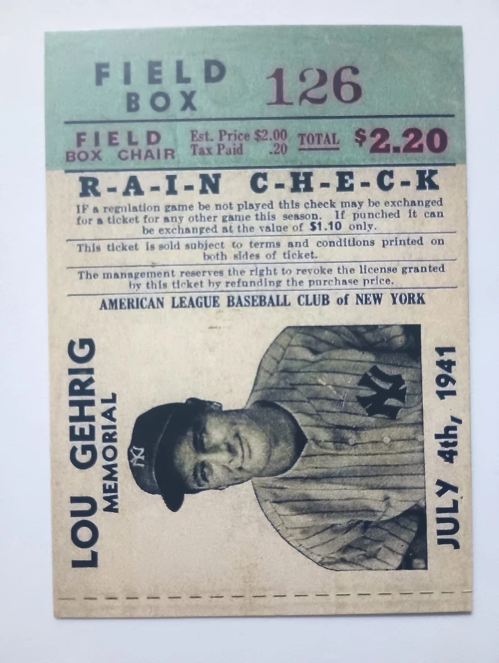 Lou Gehrig 1942 Rain Check Ticket Stub. A Very Nice Rendition. Very Nice  - Image 3 of 4