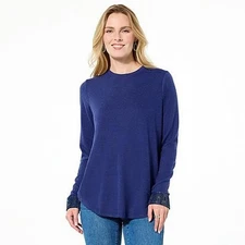 DG2 by Diane Gilman Brushed Knit Rhinestone Embellished Top Shirt Marine Blue XL