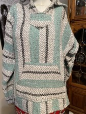 Baja Joe Mexican Poncho Hoodie Green Gray Hippie Boho Festival Size Medium GUC