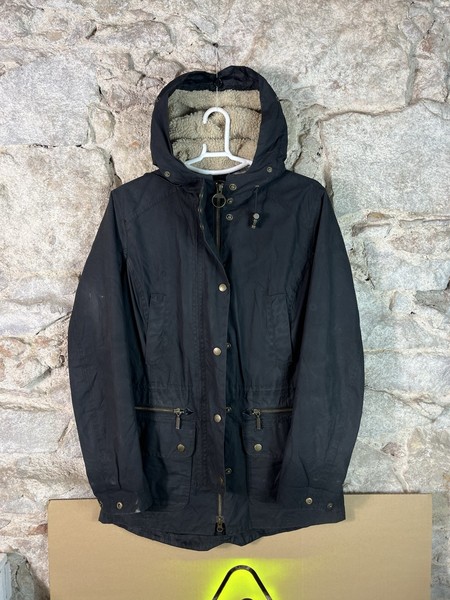 Barbour Kelsall Wax Jacket Black UK8 Women Hooded Multi Zip Cotton