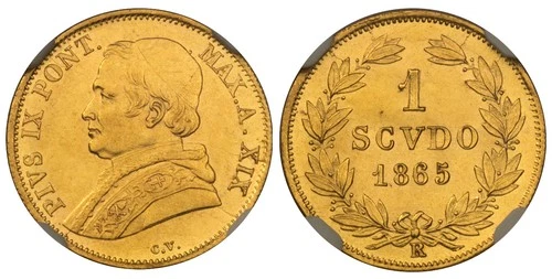 ITALIAN ST. Papal States. Pius IX. 1865-XIX-R AV Scudo. NGC MS64. KM 1361.
