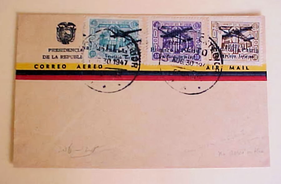 ECUADOR  ERROR 3 BLACK AIRPLANE OVERPRINTS 1947