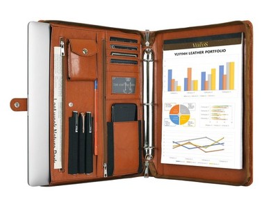 Brown Leather Padfolio for /Men, Business Leather Binder 3 Ring Portfolio, Pe...