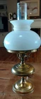 Vintage Brass Parlor Hurricane Table Lamp w/White Milk Glass Shade, Chimney