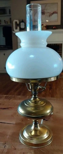 Vintage Brass Parlor Hurricane Table Lamp w/White Milk Glass Shade, Chimney