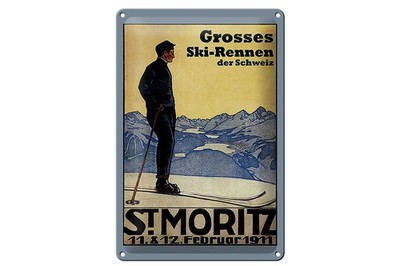 Blechschild Reise 20x30 cm St. Moritz Ski Rennen der Schweiz 1911 Deko Schild
