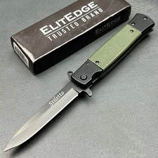 ElitEdge Assisted Open Green G10 Handles Stiletto Flipper Blade Pocket Knife